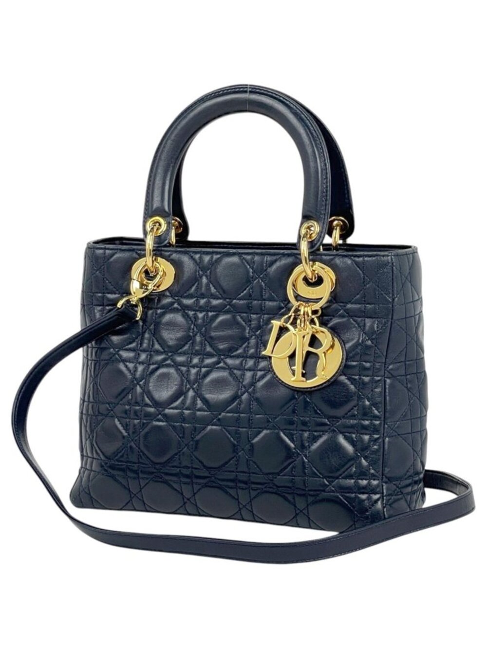 Dior Handbag Lady Cannage 2-Way Leather Navy